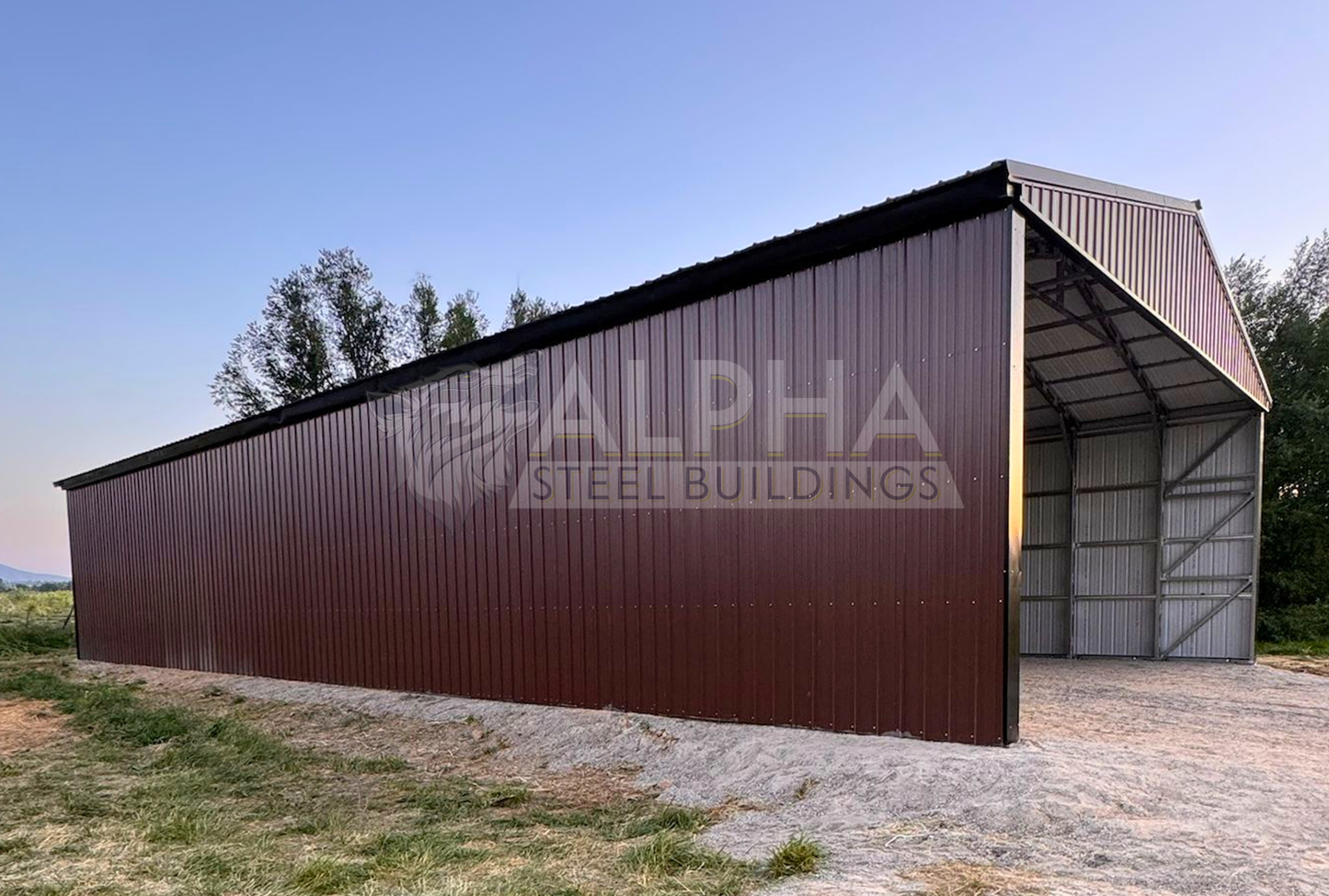 Front left angle view of a 36x80x14 steel agricultural building showing the open front entrance, vertical roof, enclosed left side, and vertical metal panels.