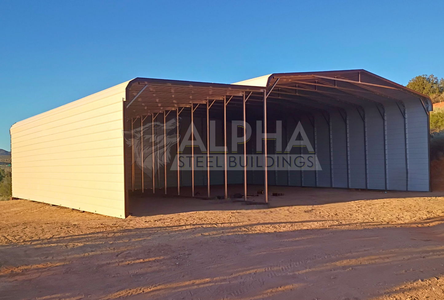 45x45x12 2/3 barn style steel building with horizontal roof, 30x45 main building and 15x45 lean-to, front left angled view