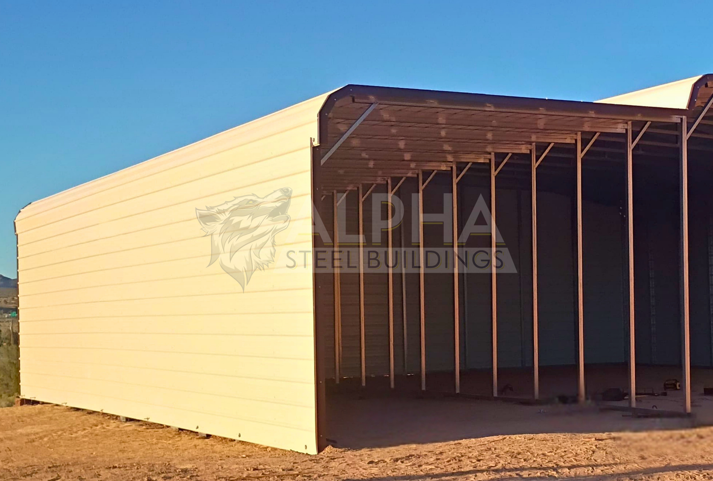 45x45x12 2/3 barn style steel building with horizontal roof, close-up of 15x45 left lean-to viewed from the left side at an angle