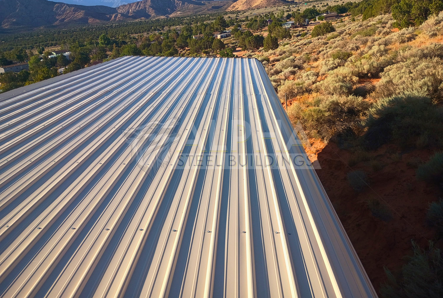 45x45x12 2/3 barn style steel building with horizontal roof, 30x45 main section roof viewed straight from front to back