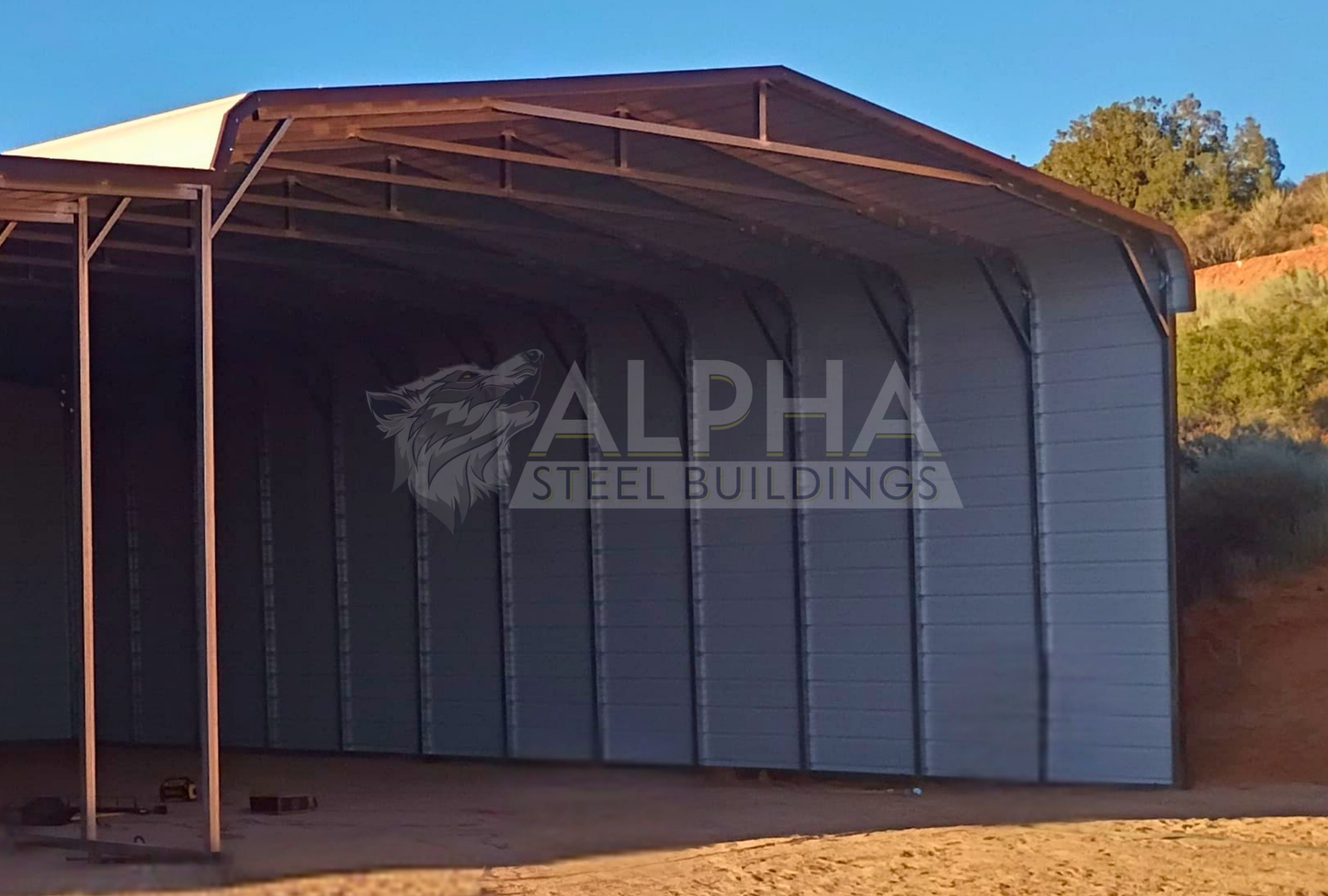45x45x12 2/3 barn style steel building with horizontal roof, close-up of 30x45 main section viewed from the left side