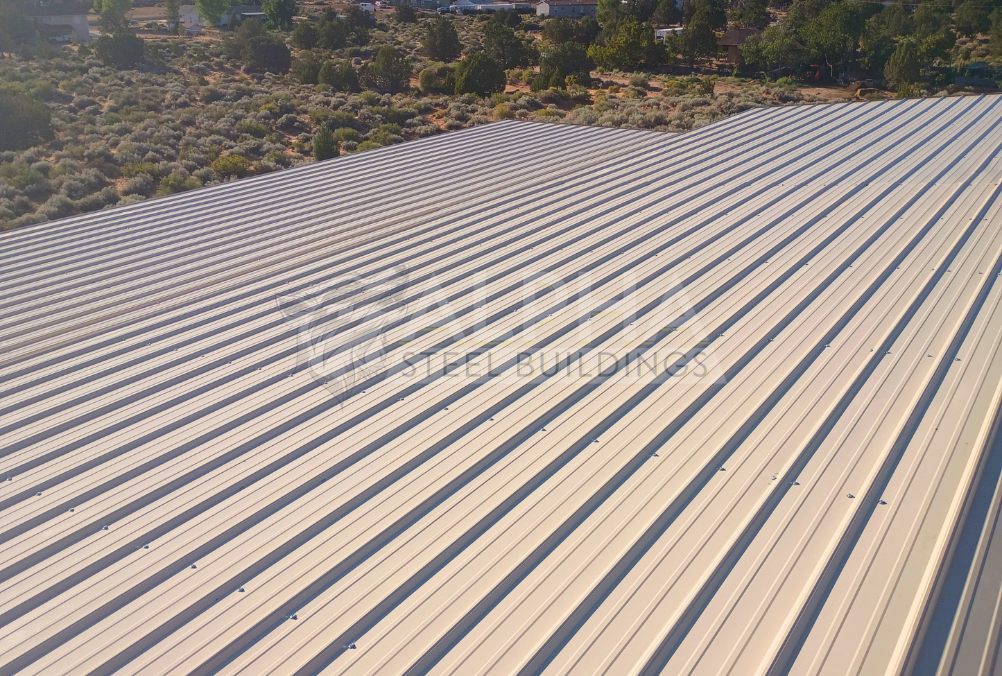45x45x12 2/3 barn style steel building with horizontal roof, main building and lean-to roof panels, right-to-left angled roof view