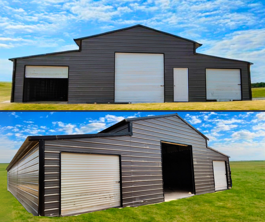 "48'x100'x12/10'-8' Barn Style with Vertical Roof & 14 Ga. Frame, 50PSF Snow Load, Dual Lean-To's, Multiple Roll-Up Doors & Walk-In Door."