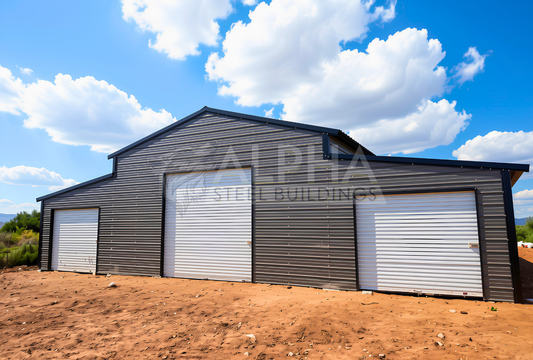 Front view of 48x100x12 vertical roof steel barn building with enclosed lean-tos and multiple roll-up doors.