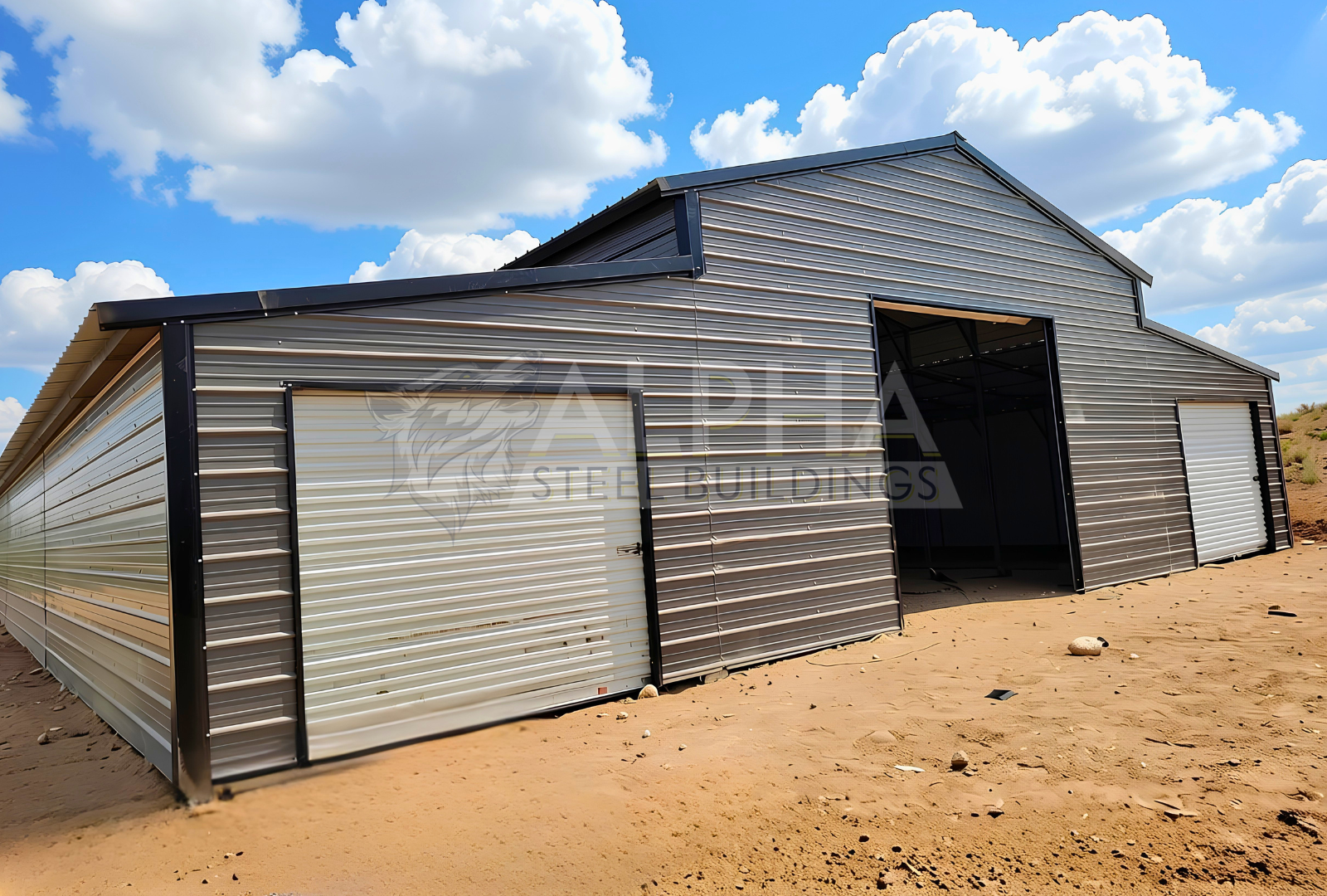 Front left angle view of 48x100x12 vertical roof steel barn building with enclosed lean-tos and multiple roll-up doors.