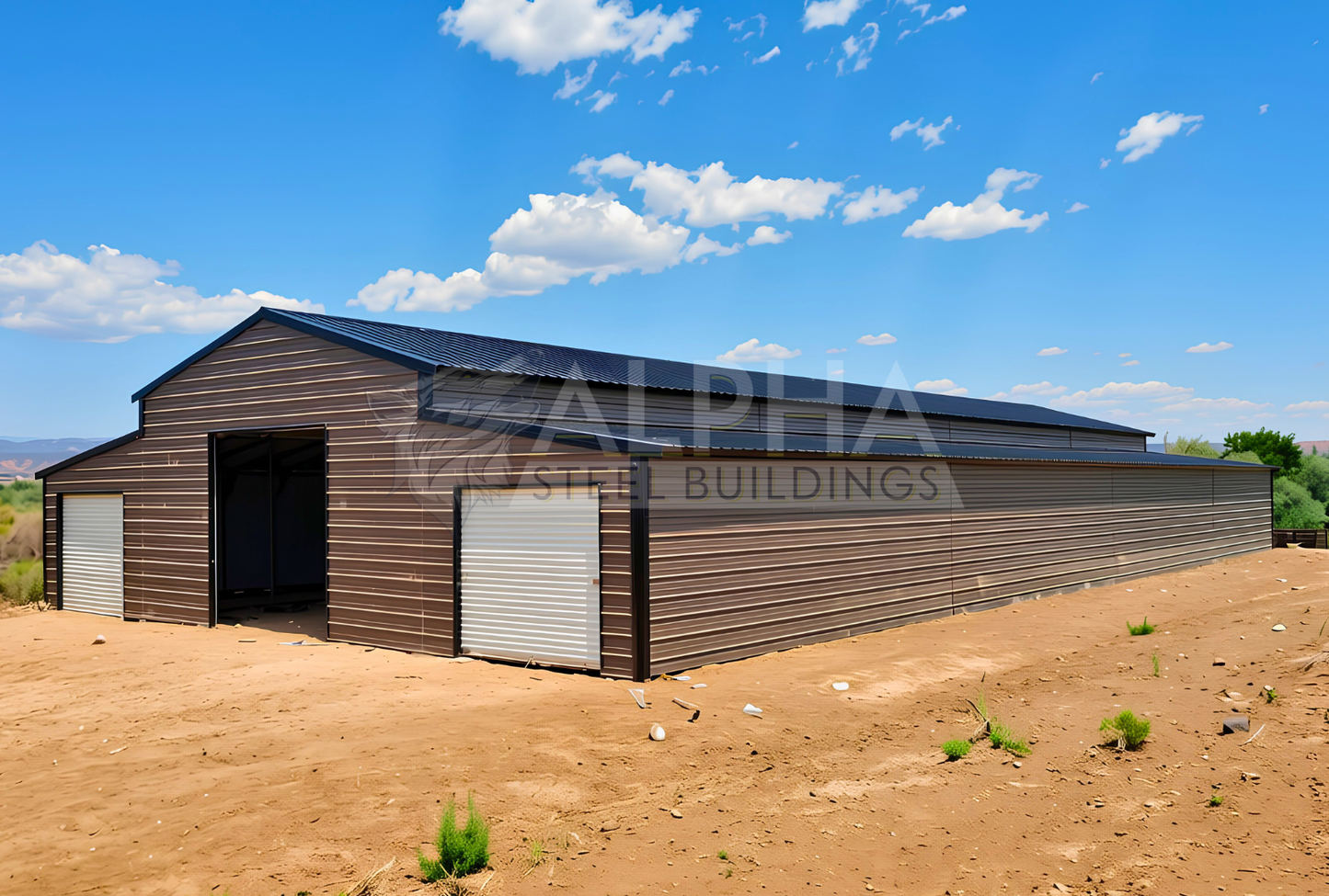 Front right angle view of 48x100x12 vertical roof steel barn building with enclosed lean-tos and multiple roll-up doors.