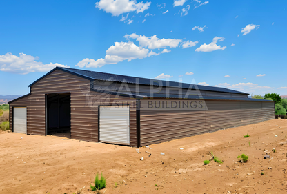 Front right angle view of 48x100x12 vertical roof steel barn building with enclosed lean-tos and multiple roll-up doors.