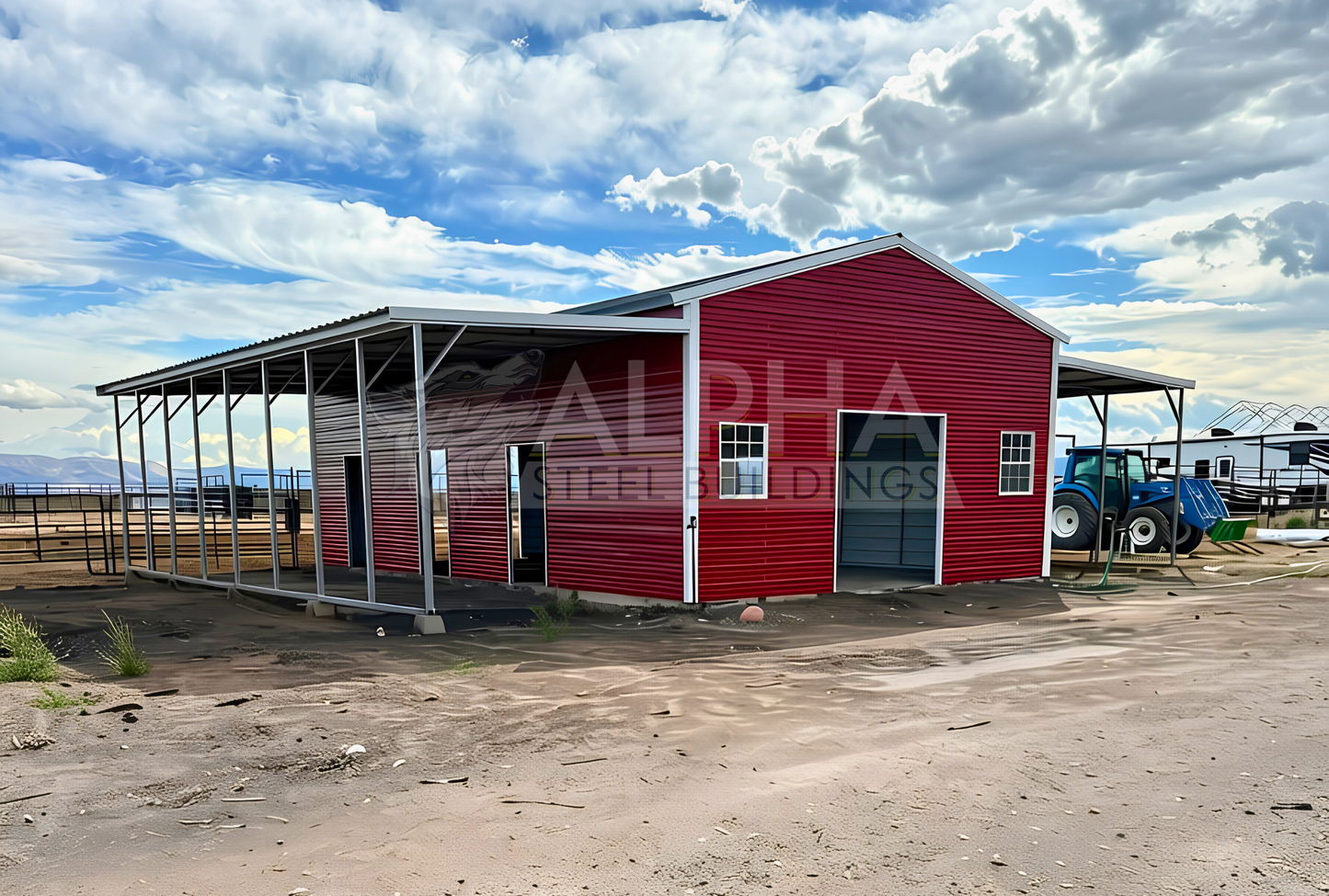 48x40x12/11-10 Barn Style A-frame steel building with vertical roof, open left lean-to, 7' x 8' frame out and window openings, front left angled view