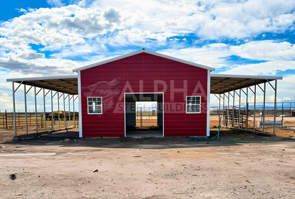 48x40x12/11-10 Barn Style A-frame steel building with vertical roof, dual lean-tos, 7' x 8' frame out and two 30" x 36" windows, front view