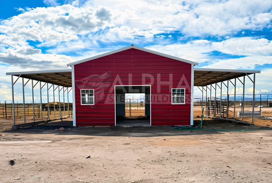 48x40x12/11-10 Barn Style A-frame steel building with vertical roof, dual lean-tos, 7' x 8' frame out and two 30" x 36" windows, front view