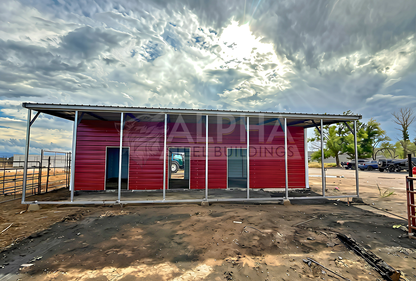 48x40x12/11-10 Barn Style A-frame steel building with vertical roof, 12' x 40' lean-to and sliding door frame outs along the main building, side view