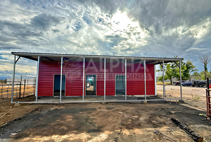 48x40x12/11-10 Barn Style A-frame steel building with vertical roof, 12' x 40' lean-to and sliding door frame outs along the main building, side view