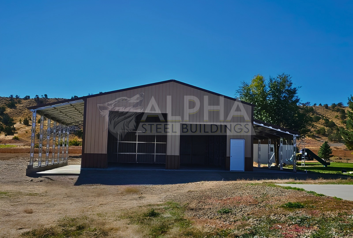 Front view of 56'x45'x14' clear span building with main section & dual lean-tos. Features web truss design, vertical roof, 14 Ga. frame, 40PSF ground snow load, fully enclosed with vertical siding, one walk-in door, and frame outs for one 12' x 12' overhead door and one 10' x 10' overhead doors on the front end.