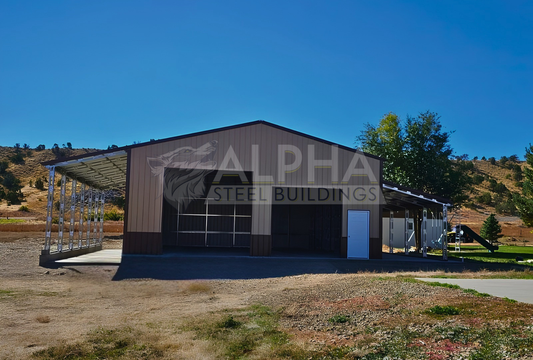 Front view of 56'x45'x14' clear span building with main section & dual lean-tos. Features web truss design, vertical roof, 14 Ga. frame, 40PSF ground snow load, fully enclosed with vertical siding, one walk-in door, and frame outs for one 12' x 12' overhead door and one 10' x 10' overhead doors on the front end.