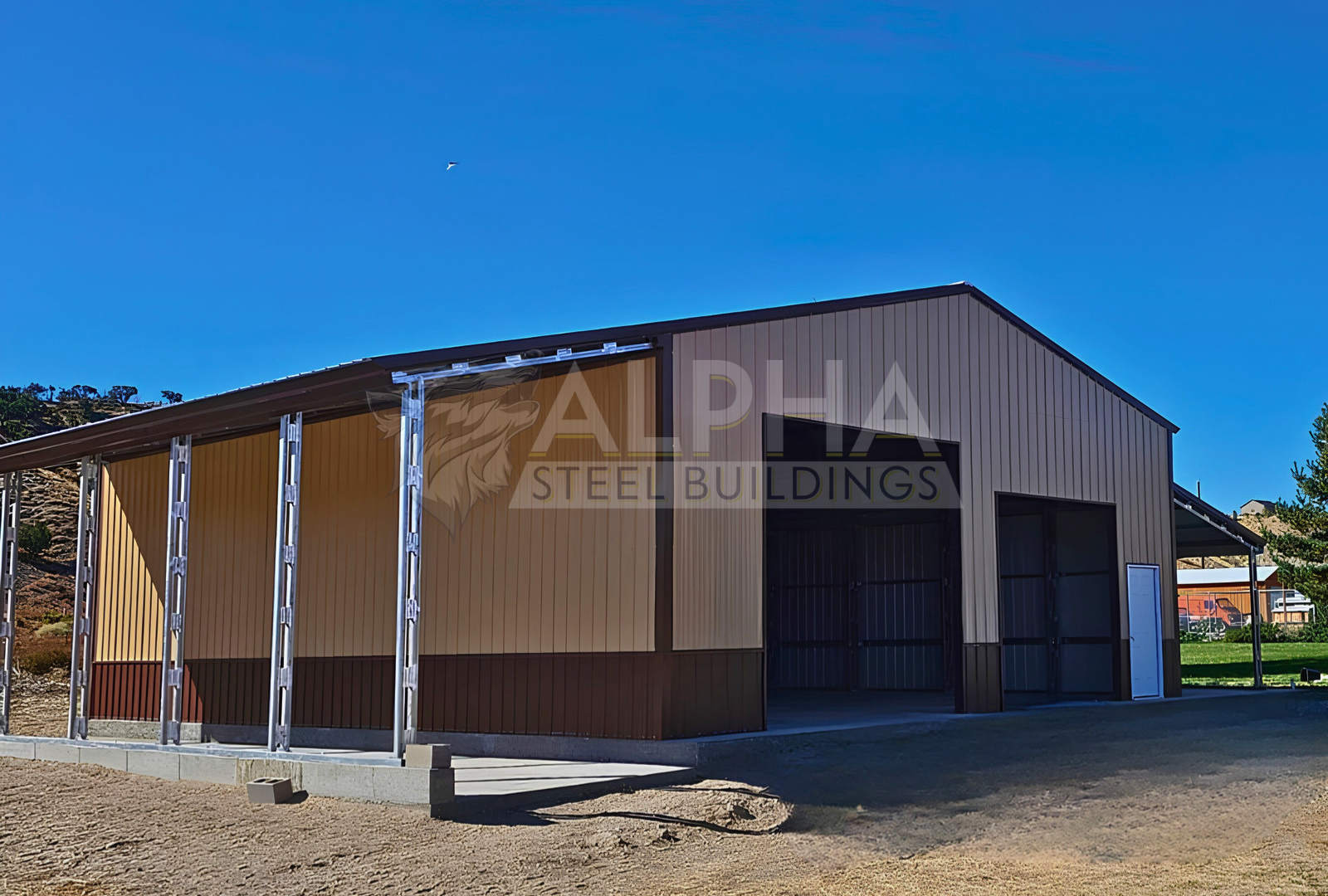 Front  left angled view of 56'x45'x14' clear span building with main section & dual lean-tos. Features web truss design, vertical roof, 14 Ga. frame, 40PSF ground snow load, fully enclosed with vertical siding, one walk-in door, and frame outs for one 12' x 12' overhead door and one 10' x 10' overhead doors on the front end.