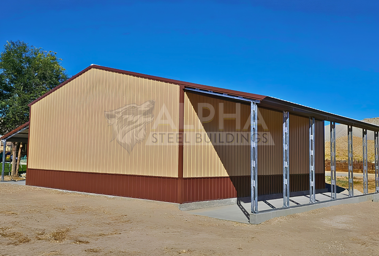 Rear left angled view of 56'x45'x14' clear span building with main section & dual lean-tos. Features web truss design, vertical roof, 14 Ga. frame, 40PSF ground snow load, fully enclosed with vertical siding, one walk-in door, and frame outs for one 12' x 12' overhead door and one 10' x 10' overhead doors on the front end.