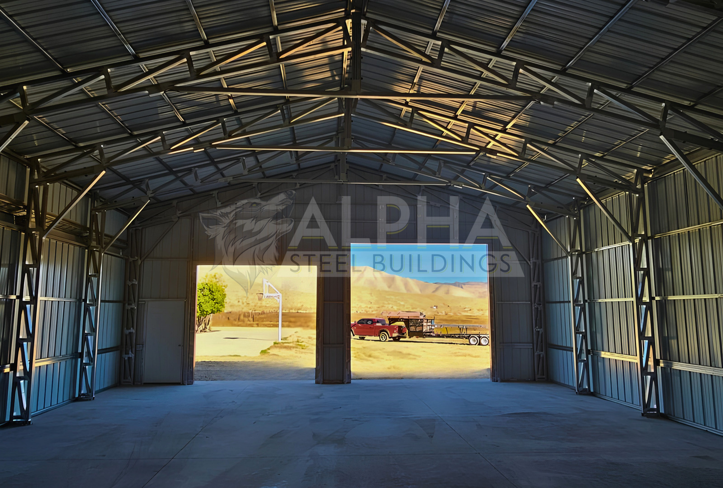 Internal front view of 56'x45'x14' clear span building with main section & dual lean-tos. Features web truss design, vertical roof, 14 Ga. frame, 40PSF ground snow load, fully enclosed with vertical siding, one walk-in door, and frame outs for one 12' x 12' overhead door and one 10' x 10' overhead doors on the front end.