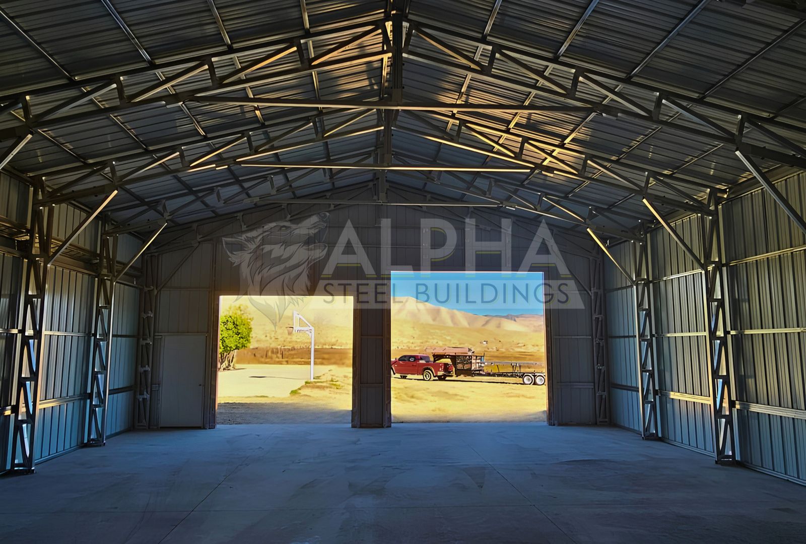 Internal front view of 56'x45'x14' clear span building with main section & dual lean-tos. Features web truss design, vertical roof, 14 Ga. frame, 40PSF ground snow load, fully enclosed with vertical siding, one walk-in door, and frame outs for one 12' x 12' overhead door and one 10' x 10' overhead doors on the front end.