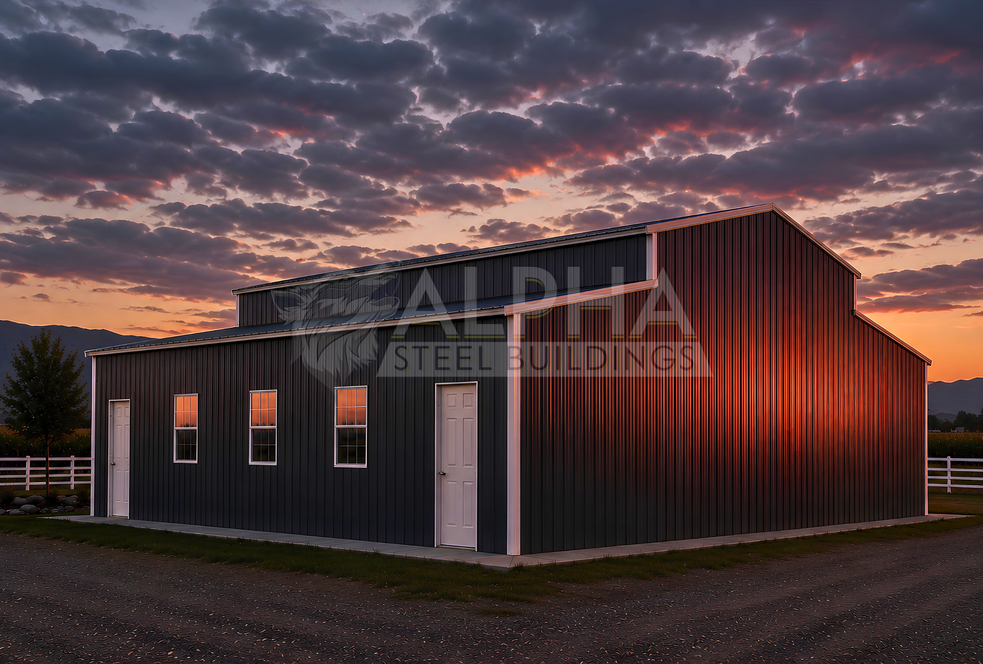 60x60x16/13-10 Barn Style A-frame steel building with vertical roof, enclosed right lean-to, walk-in doors and window openings, back right angled view
