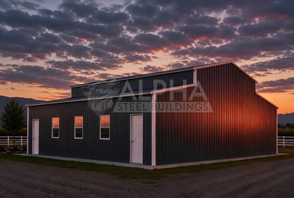 60x60x16/13-10 Barn Style A-frame steel building with vertical roof, enclosed right lean-to, walk-in doors and window openings, back right angled view