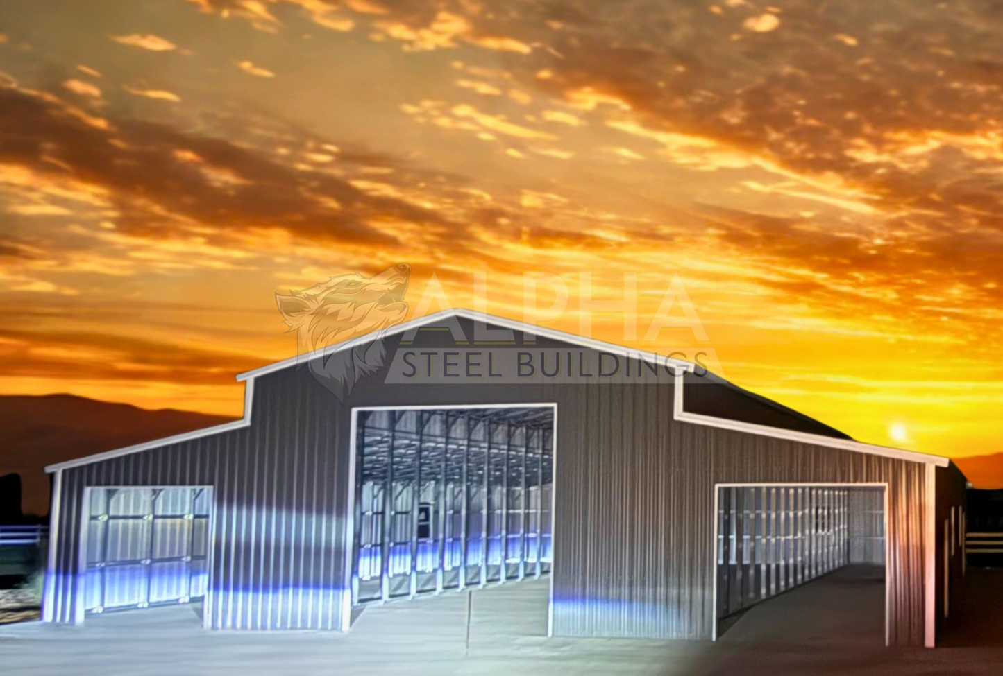 60x60x16/13-10 Barn Style A-frame steel building with vertical roof, 14' x 14' main building frame out and 10' x 9' lean-to frame outs, front view