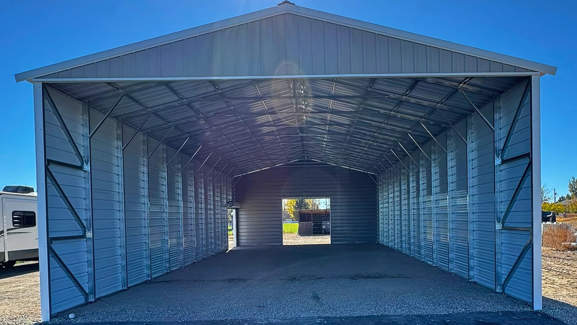 30'x80'x14' A-Frame Vertical Roof -Partially Enclosed Storage, Protection For Big Equipment, RVs Or Other Costly Machinery