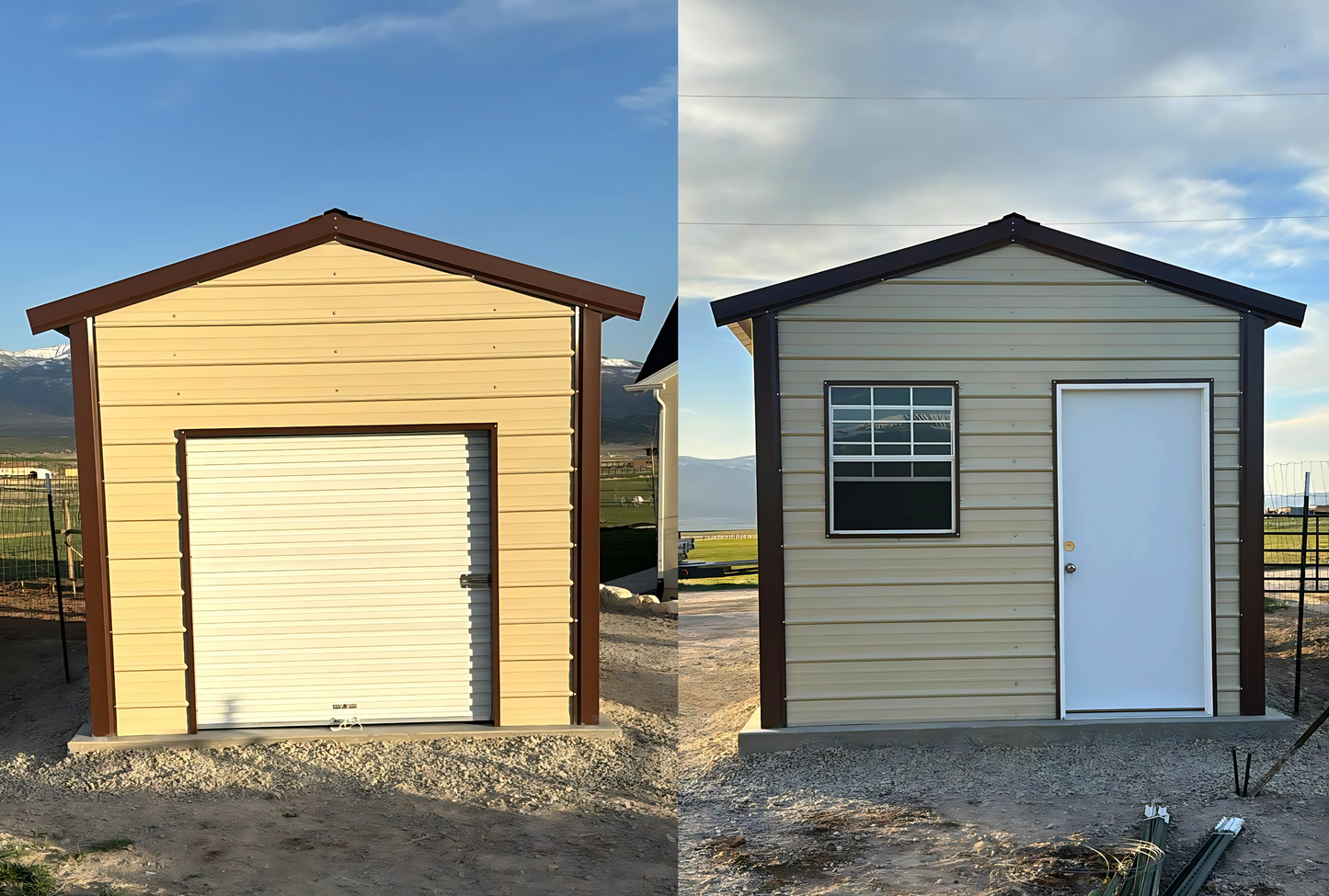 10'x20'x8' a-frame style vertical roof, heavy duty to withstand the snow, closed on both sides and the ends, with one walk in door, two windows & one 6' x 6' roll-up door.