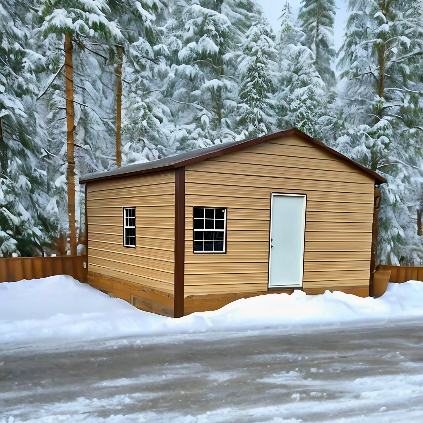 18'x20'x8' a-frame style horizontal roof, heavy duty to withstand the snow, closed on both sides and the ends, with one walk in door and one window.