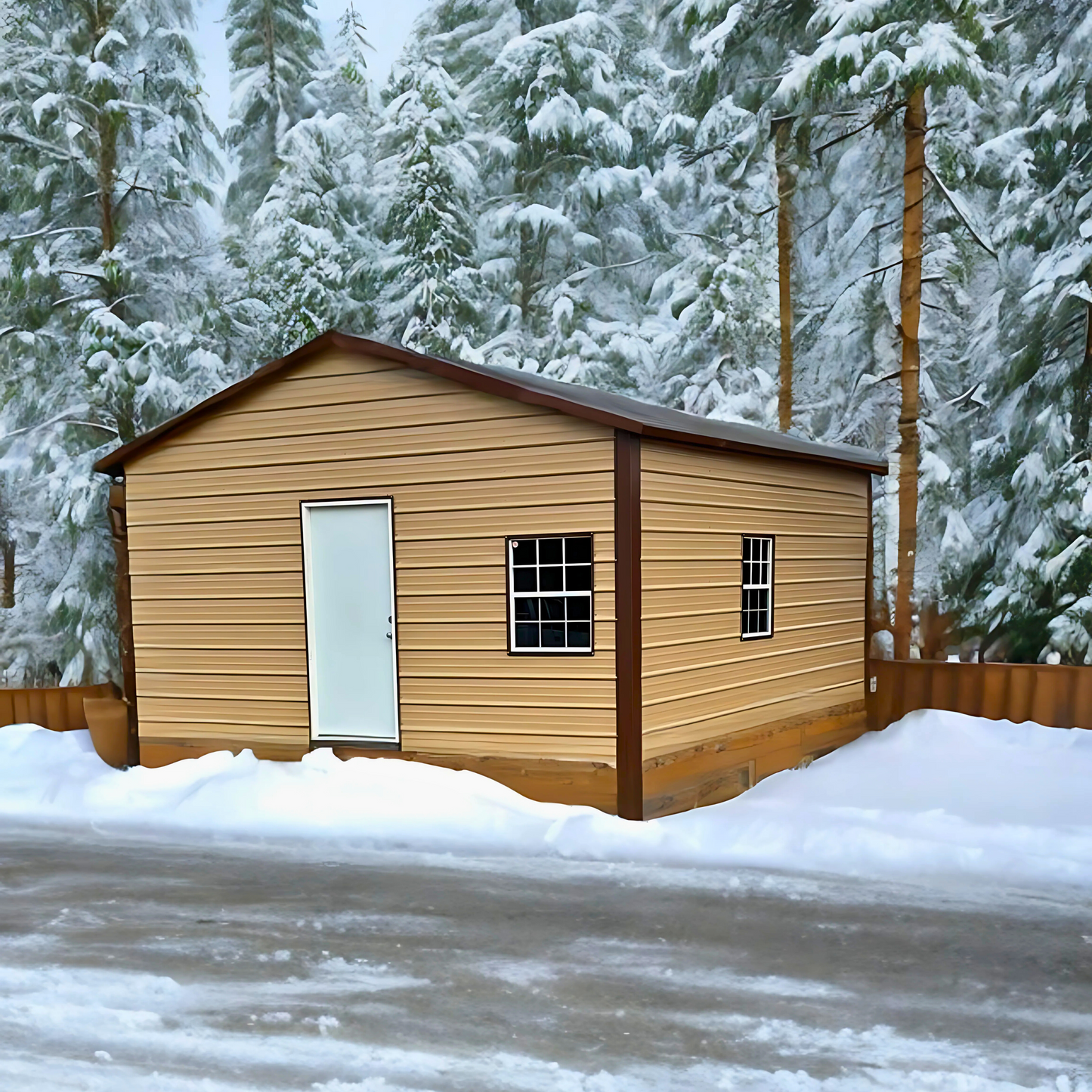 18'x20'x8' a-frame style horizontal roof, heavy duty to withstand the snow, closed on both sides and the ends, with one 36" x 80"walk in door and one 30" x 36" window.