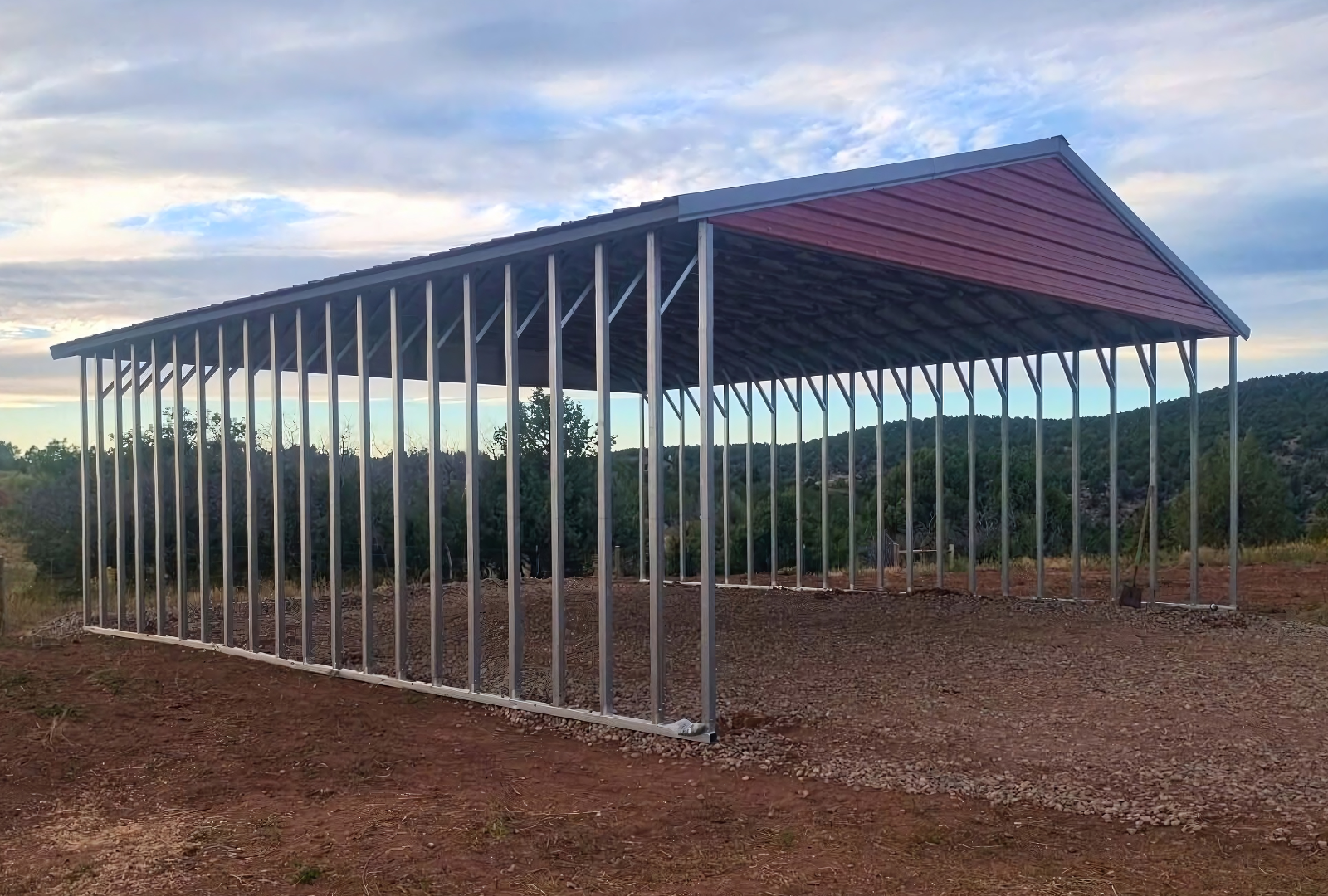 Front sideview of 30x40 A-frame steel shelter with vertical roof, fully open for versatile coverage