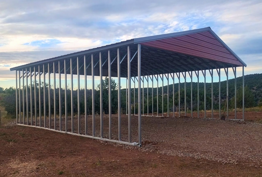 Front sideview of 30x40 A-frame steel shelter with vertical roof, fully open for versatile coverage