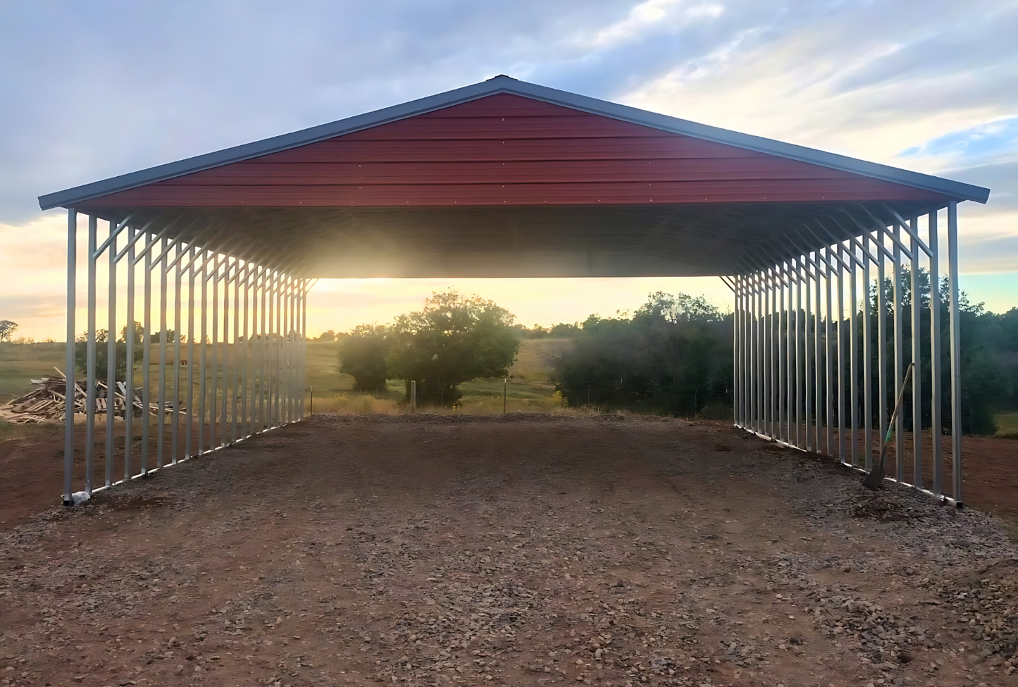 Front view of 30x40 A-frame steel shelter with vertical roof, fully open for versatile coverage