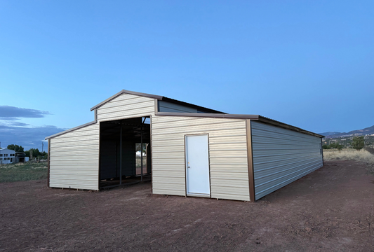 36'x60'x12' down to 10'-8' steel barn style with lean-tos, two panels under the eave, both sides closed, all ends closed, with 12' x 10' tack room, (2) 10' x 10' frame outs on the ends, (1) 10' x 10' frame out on the side of main, (4) 4' x 7' stall frame outs, (2) 30" x 36" windows, (2) 36" x 80" walk-in doors, front right view.