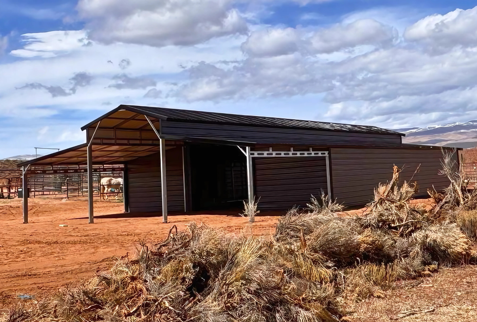 36'x80'x12' down to 10'-8' steel barn with lean-tos, two panels under the eave, both sides closed @ 60'L, all ends closed & front porch, front right view.