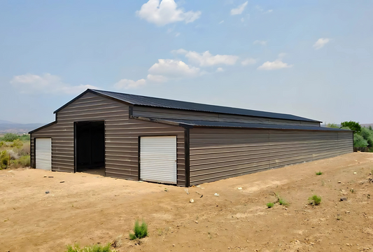 Front right view of 48' x 100' steel barn with lean-tos, and garage doors for livestock or farm equipment storage.