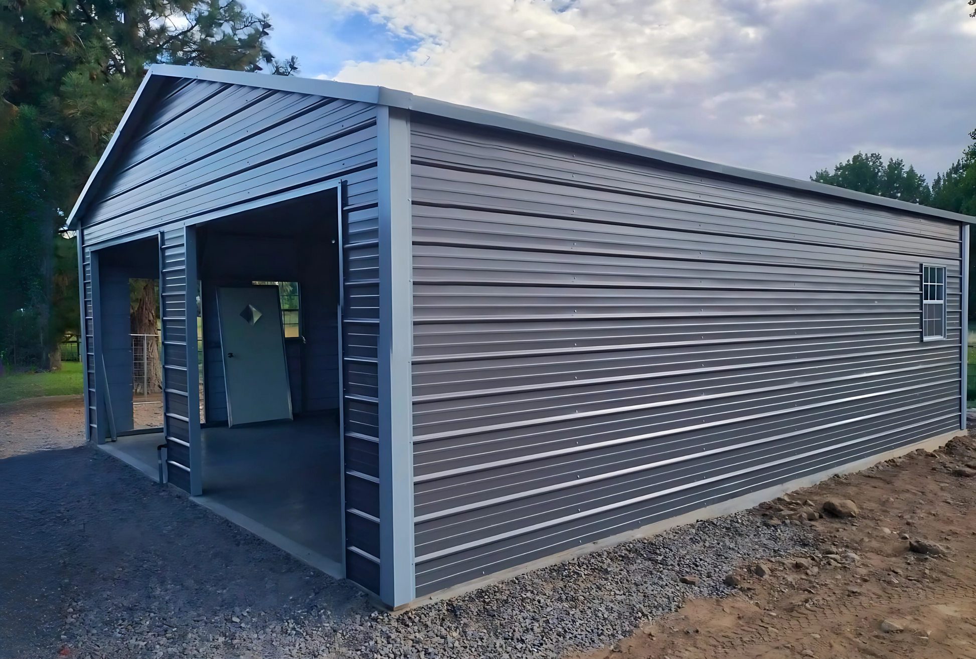 24'x30'x9' A-frame horizontal roof garage, fully enclosed, featuring five windows, one walk-in door frame out, two overhead door frame outs on front end
