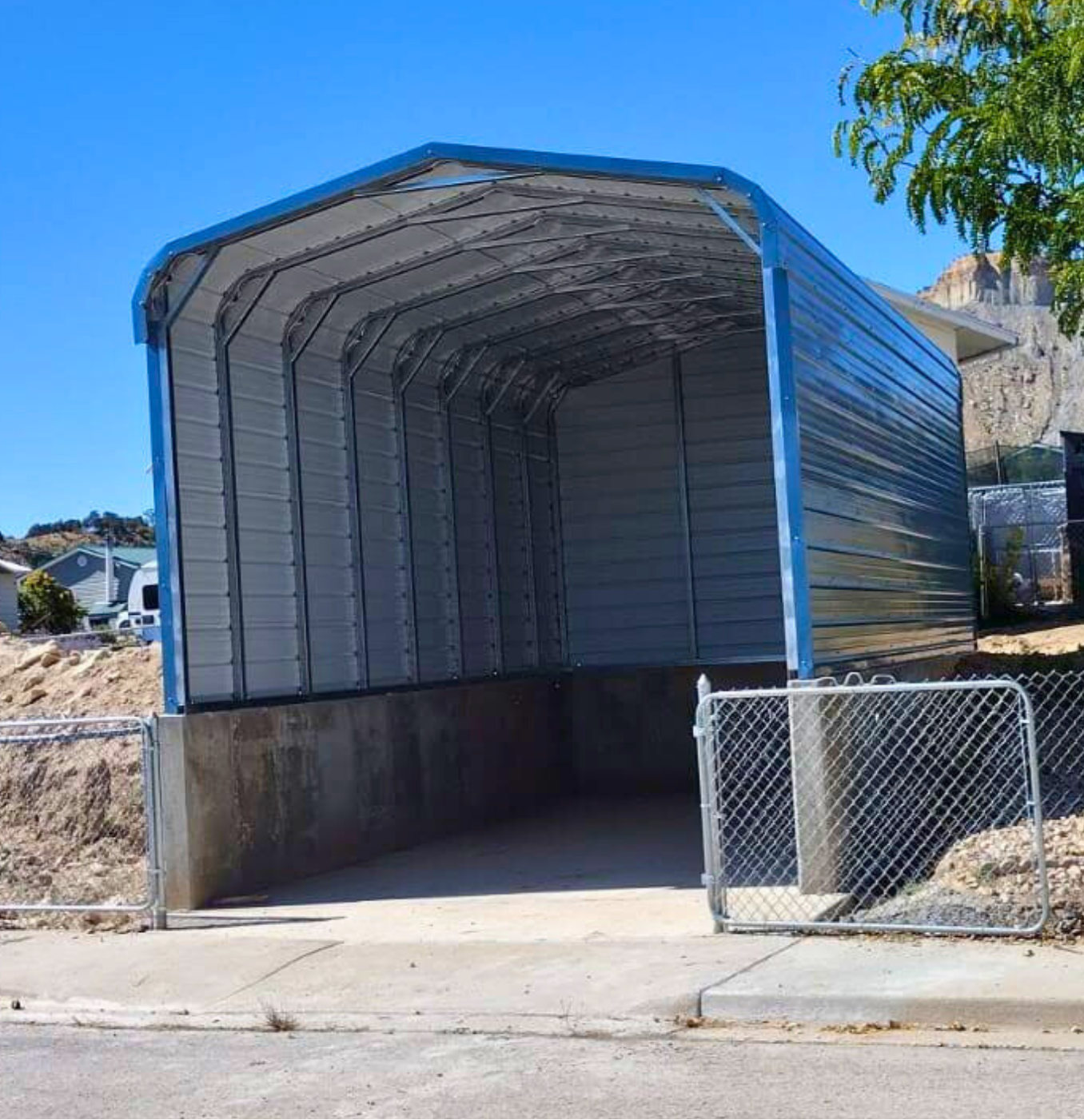 18'x25'x8' Regular Style Horizontal RV Cover - built on stem wall for extra height, closed on three sides, customized