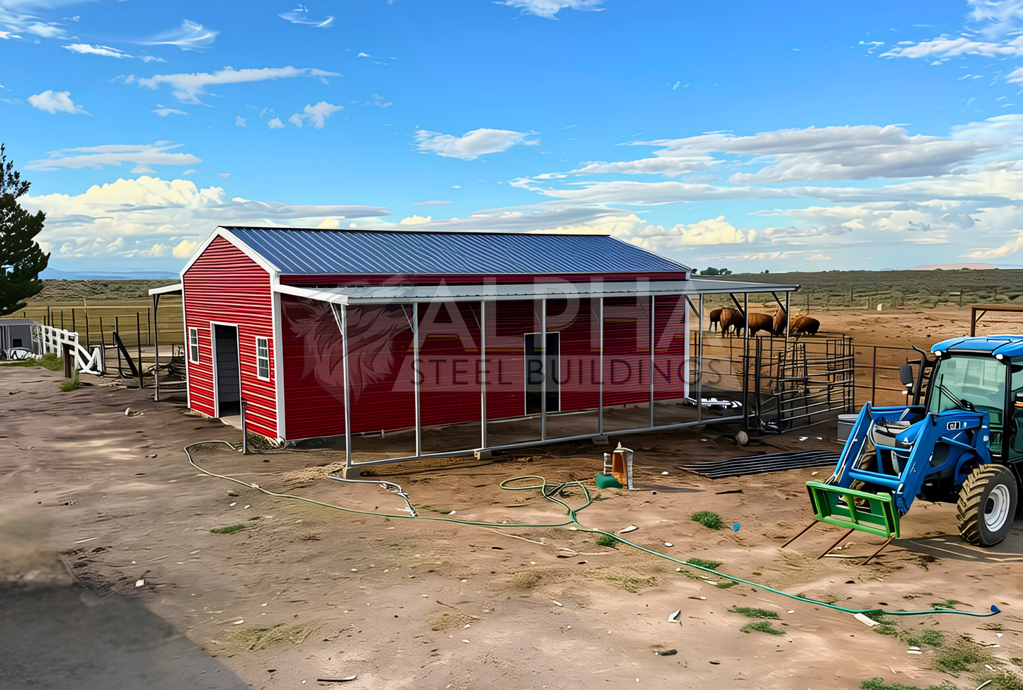 48x40x12/11-10 Barn Style A-frame steel building with vertical roof, open right lean-to and enclosed main section, front right angled view