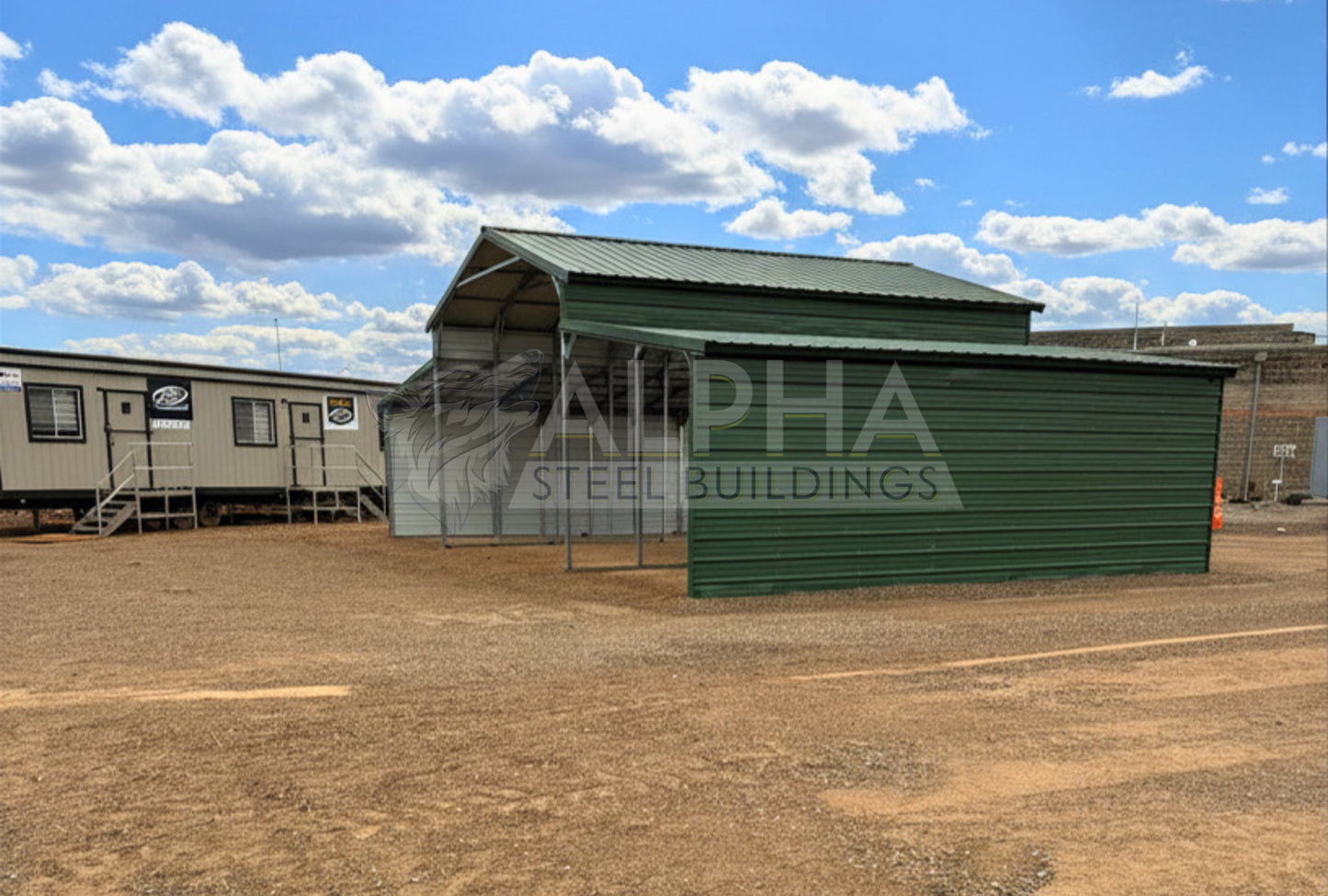Front right angled view of 44x25x12 steel barn with lean-tos, two panels under the eave and closed on both sides
