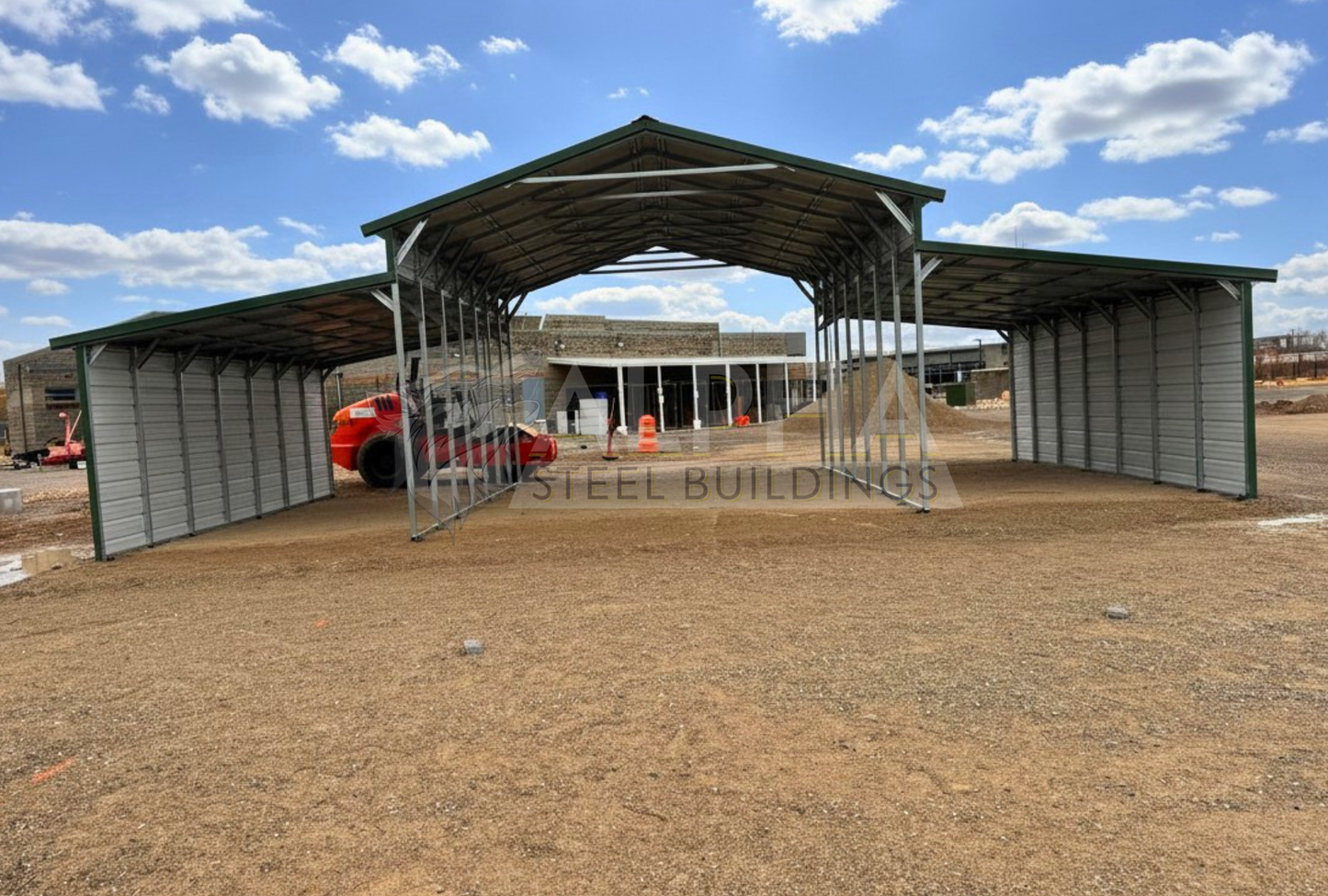 Front view of 44x25x12 steel barn with lean-tos, two panels under the eave and closed on both sides