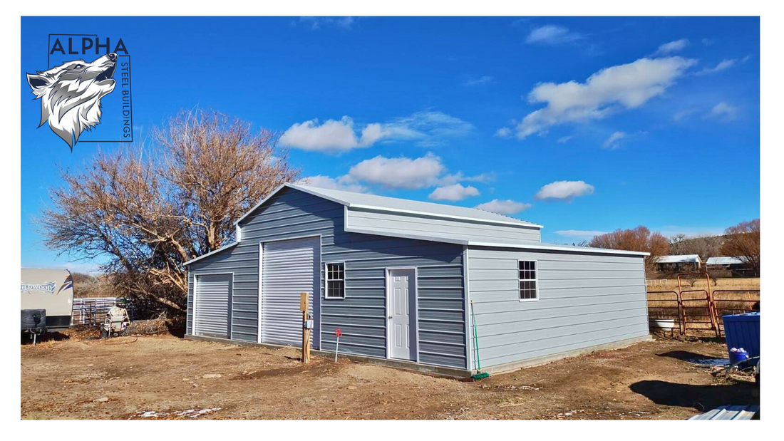 Barn Style Building with Light Gray Sides, Ends, and Roof with White Trim - Features two roll-up doors, one walk-in door, and two windows for versatile functionality and aesthetic appeal