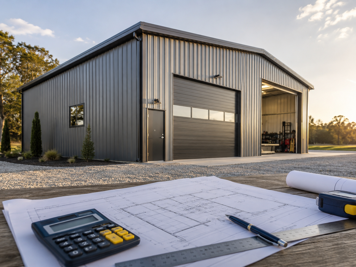 Steel building with blueprints and calculator representing project financing options from Alpha Steel Buildings.